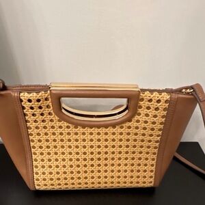 Anne Klein Woven Rattan and Tan Leather Handbag Magnetic Closure on Handles